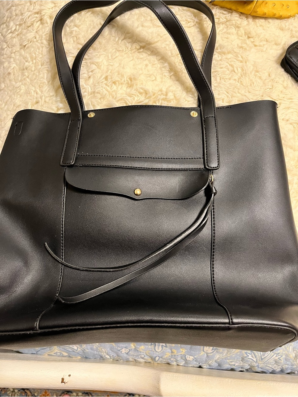 Classic Black Smooth Leather Tote with Front Pocket